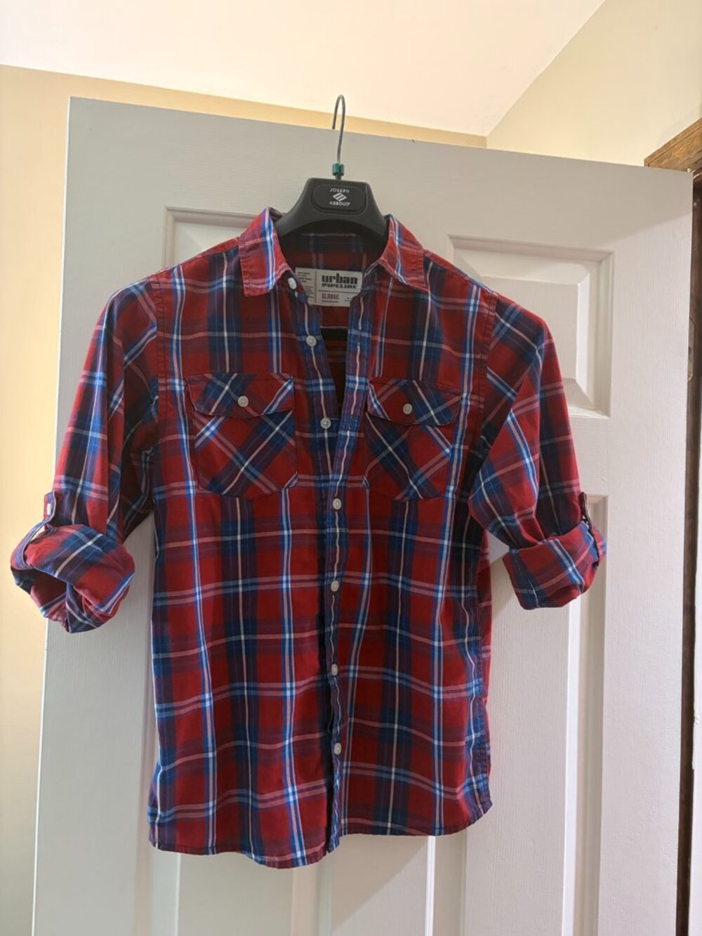 Urban Pipeline Boys XL Plaid Button Down Shirt Roll Tab Sleeves Red Blue